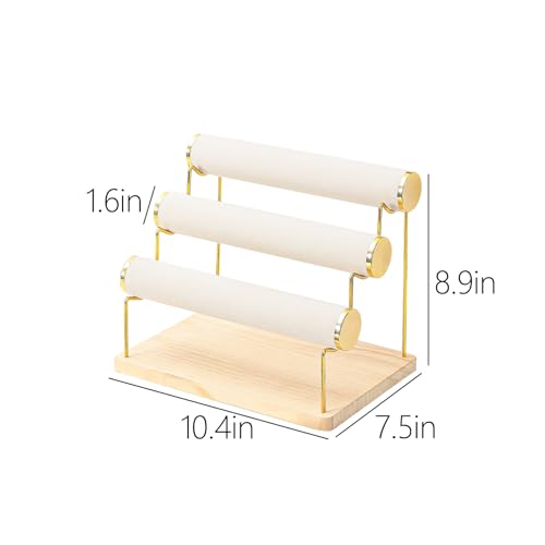 Bracelet Holder, Bracelet Displays for Vendors, 3 Tier Jewelry Organizer Stand for Selling, Jewelry Necklaces Storage Rack with Wood Base (Beige+Gold)