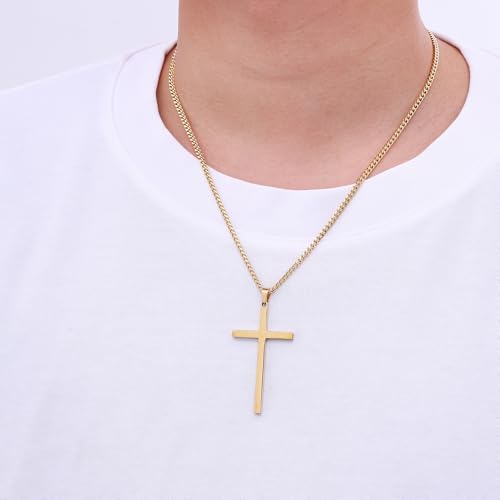Fiusem Easter Basket Stuffers Cross Necklace for Men and Women, 14K Gold Plated Mens Cross Necklaces with 3.5mm Cuban Chain, Stainless Steel Pendant Chain 16-24 Inches - size: 24 Inches, style: Big gold cross:2.1"*1.2"