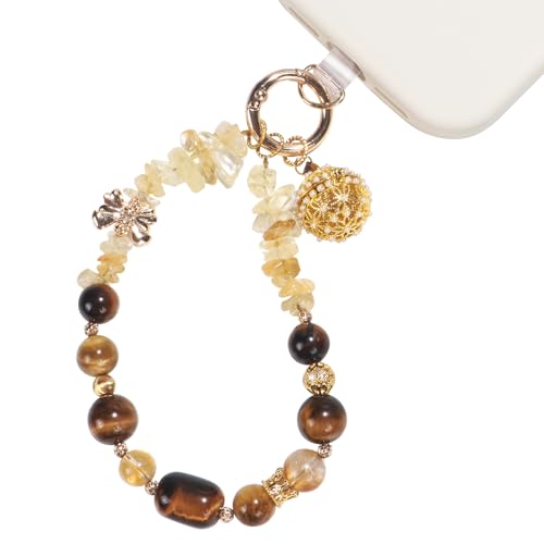 TEAMOLA Natural Stone Phone Charm, Handmade Crystal Cellphone Chain for Universal, Beaded Healing Anti Theft Phone Wrist Strap with Tether Tab, Citrine & Tiger's Eye & Aromatic Ball Pendant - color: Gold & Yellow & Black