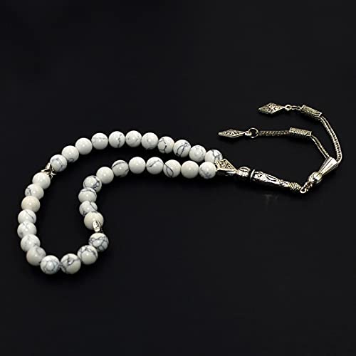 Simple Designed Natural Stone Worry Beads (8 mm -33 Beads) - Prayer Beads Tesbih-Tasbih-Tasbeeh-Misbaha-Subha-Sebha-Sibha-Rosary (Synthetic White Turquoise Stone) - color: White Turquoise Stone