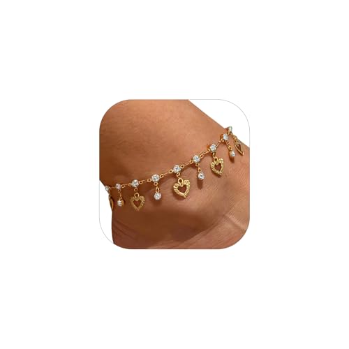 U7 Women Girls Barefoot Jewelry 18K Gold or Rose Gold Stainless Steel Heart/Rope/Figaro/Cuban Chain Anklet Foot Bracelet, 25-30 CM Long - color: Gold Plated-White-Heart Charm