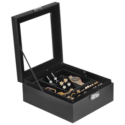 Prestige & Fancy 2 Layer Jewelry Box Organizer for Men, Women & Girls 8.5 x 7.5 x 3.3 in, PU Leather Jewelry Storage Organizer, jewelry storage box for Rings, Necklace & Bracelets (Black, with window) - color: Black - with window
