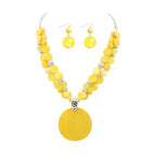 Layered Beads Statement Fashion Necklace Chunky Jewelry Set Big Colorful Glass Stone Circle Shell Pendant Choker Necklace and Earring Set for Women - color: Yellow
