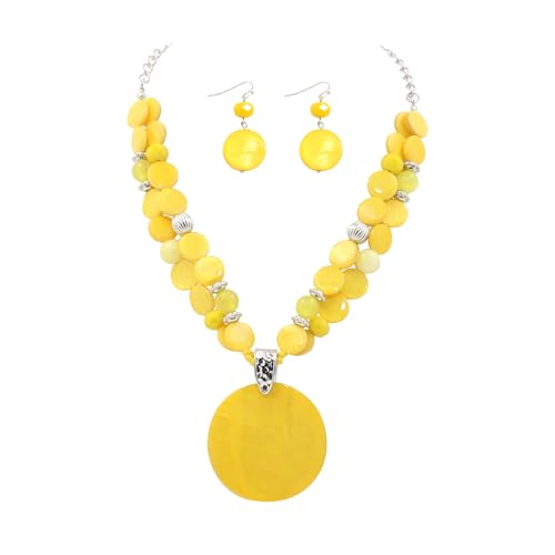 Layered Beads Statement Fashion Necklace Chunky Jewelry Set Big Colorful Glass Stone Circle Shell Pendant Choker Necklace and Earring Set for Women - color: Yellow