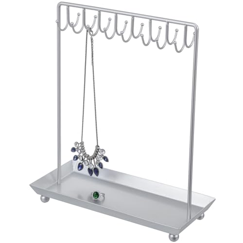 MyGift Silver Tone Metal Jewelry Stand Necklace Display Organizer with 20 Hooks and Ring Tray - color: Silver