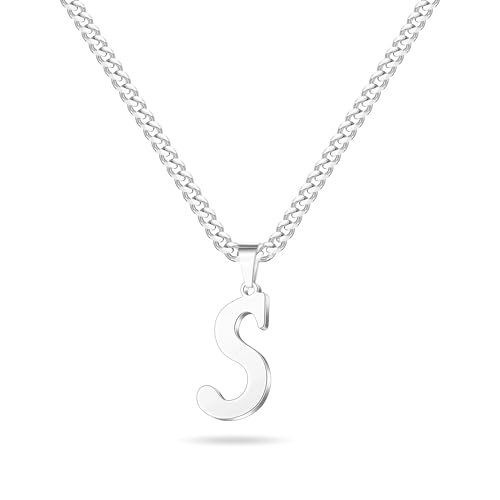 LUXEJEW Initial A-Z Letter Necklace for Men Boys Women, Stainless Steel Cuban Link Chain Letter Pendant Necklaces Capital Monogram Necklace Jewelry Gifts for Men 20+2 Inches - color: Silver, size: Letter S