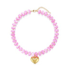 Chunky Heart Necklace for Women, Colorful Acrylic Beaded Statement Puff Heart Necklace, Cute Boho Y2K Choker Necklace for Gift Jewelry - color: Pink