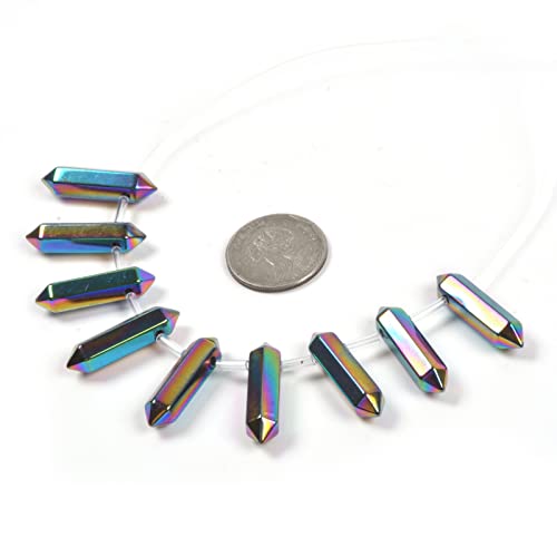 Metallic Rainbow Coated Hematite 32mm Natural Gemstone Hexagonal Wand Jewelry Making Crystal Pointed Chakra Reiki Healing Beads 2mm Hole Drilled(Pack of 10) - color: Metallic Rainbow Coated Hematite