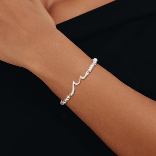 Mothers Day Gifts - Beaded Bracelets for Women 14K Silver Gold Plated Stretch Handmade Ball Bracelets Cute Charm Bracelet Dainty Stackable Cross Heart Bow Wave CZ Circle Trendy Jewelry Easter Gifts - color: wave-silver