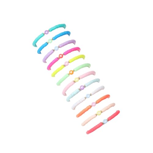 COLORFUL BLING 5-12Pcs Bohemian Love Heart Bead Bracelets for Women Vinyl Disc Heishi Surfer Stackable Stretch Bracelet Summer Beach Boho Jewelry - color: 12pcs round heart