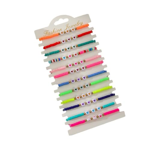 COLORFUL BLING 5-12Pcs Bohemian Love Heart Bead Bracelets for Women Vinyl Disc Heishi Surfer Stackable Stretch Bracelet Summer Beach Boho Jewelry - color: 12pcs mix heart
