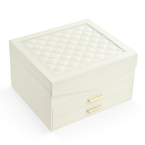 Amearea Jewelry Box Organizer for Women Girls with Mirror, 3-Layer Large Jewelry Storage Case, Synthetic Leather Jewelry Holder Organizer with Removable Tray for Necklaces Earrings Rings, White - color: White, size: 3-Layer