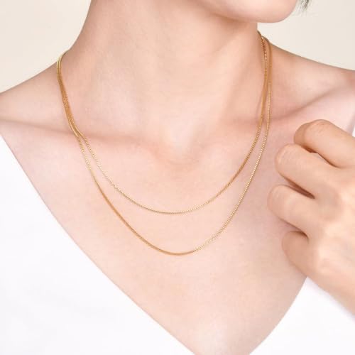 14K Yellow Gold Box Chain Necklace for Women and Men, Genuine Gold (0.6mm、1mm - Lengths from 16 to 30 Inches) - size: 18inch, style: 1mm