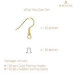 BEADNOVA Fish Hook Earring Hooks 150pcs Earring Findings with Backs for Ear Wire Supplies Earwire Making DIY (150pcs Gold Ear Wires and 150 pcs Backs, Total 300pcs) - color: Gold, size: 150pcs