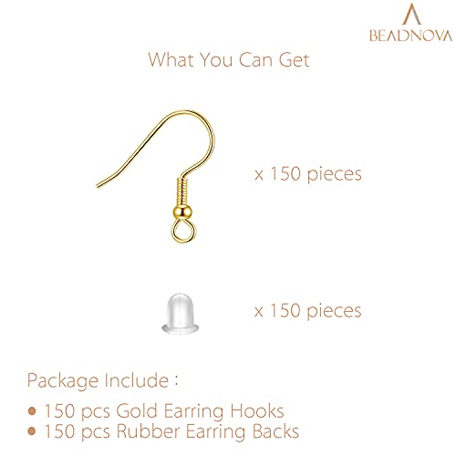 BEADNOVA Fish Hook Earring Hooks 150pcs Earring Findings with Backs for Ear Wire Supplies Earwire Making DIY (150pcs Gold Ear Wires and 150 pcs Backs, Total 300pcs) - color: Gold, size: 150pcs