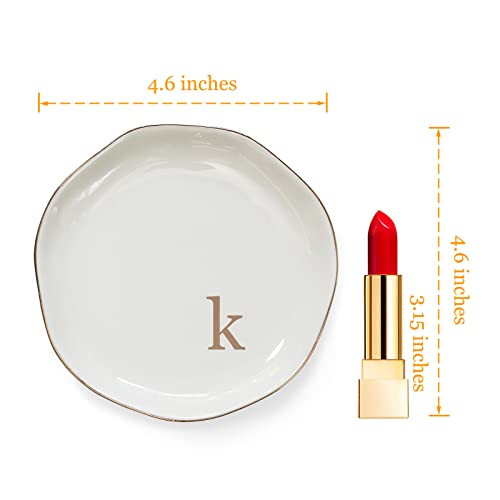 HOME SMILE Initials Ring Dish Jewery Tray with Personalized K-Monogrammed Engagement Wedding Gifts for Friends,Sister,Birthday Christmas Gifts for Women,Ceramic White - style: k