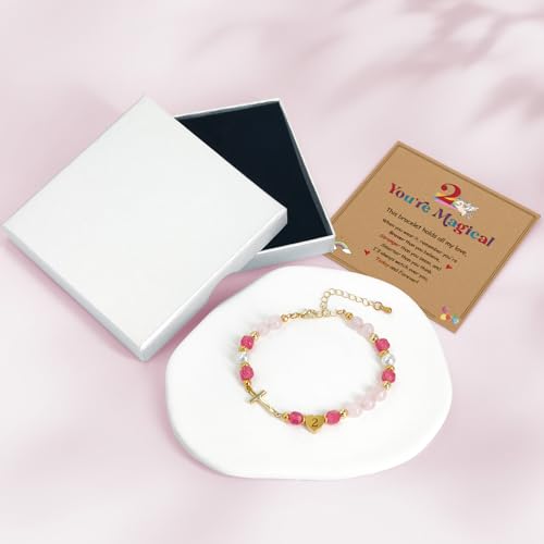 Birthday Number Cross Bracelet for Girls Ages 1-8, Strawberry Quartz & Pearl Beaded Bracelet with Gold-tone Cross & Heart Number, Adjustable Clasp Bracelet, Silver Gift Box - style: 1ST
