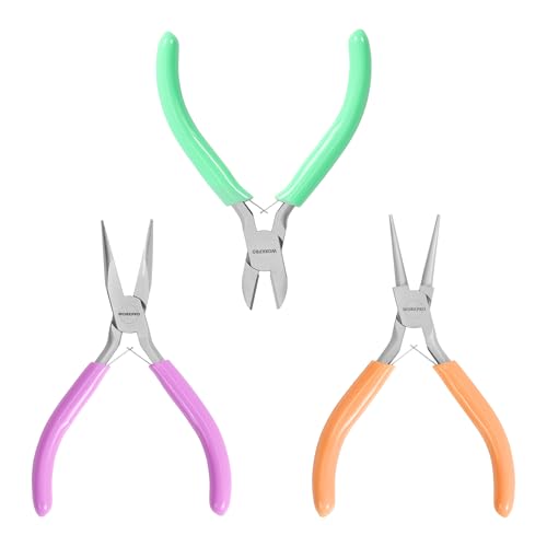 WORKPRO Jewelry Pliers Set, 3-Piece Mini Jewelry Tool Kit—Purple Needle Nose Plier/Chain Nose Plier, Orange Round Nose Pliers & Green Wire Cutter for Jewelry Making, Beading & Wire Wrapping - color: Light Purple, Light Green, Orange