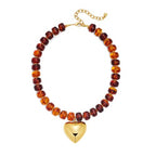 Gold Heart Pendant Necklaces for Women Colorful Acrylic Resin Beaded Choker Necklace Fashion Chunky Statement Beaded Heart Necklace - color: Brown