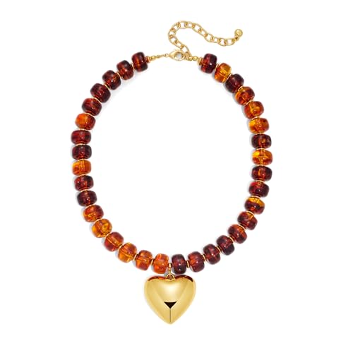Gold Heart Pendant Necklaces for Women Colorful Acrylic Resin Beaded Choker Necklace Fashion Chunky Statement Beaded Heart Necklace - color: Brown