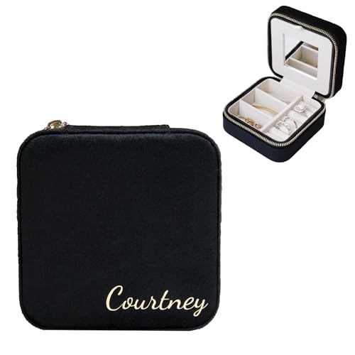 Customizable Compact Velvet Jewelry Box with Mirror, Travel Jewelry Case, Travel Jewelry Organizer, Jewelry Box for Women and Girls, Small Jewelry Organizer (Bottom Right Text, Black) - color: Black, size: Bottom Right Text Only