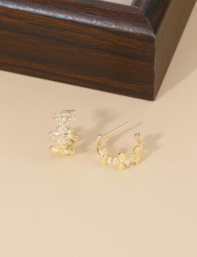 Mameloly Flower Earrings for Women Dainty 14K Gold Plated White Freshwater Pearl Stud Earrings Hypoallergenic - color: Lilac