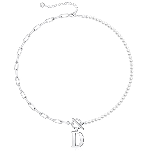 Yoosteel Pearl Initial Necklace for Women, Dainty Pearl Chain Choker Initial Necklaces for Women Toggle Clasp Paperclip Link Chain Necklace Jewelry Gifts - color: Silver, style: D
