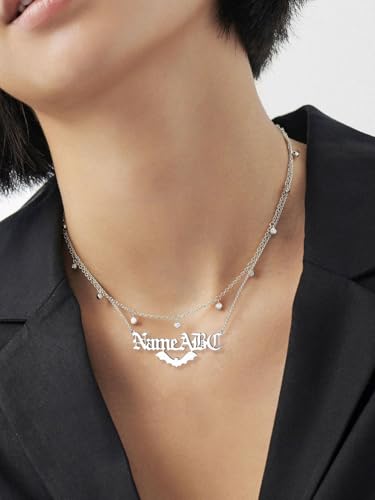 GoldChic JEWELRY Name Necklace Personalized for Men, Womens Custom Name Plate Chain, Stainless Steel Customized Old English Nameplate Choker with Curb Chains Custom, 16 inches to 30 inches - color: Rolo Chain(1.8 mm)&Bat- Steel