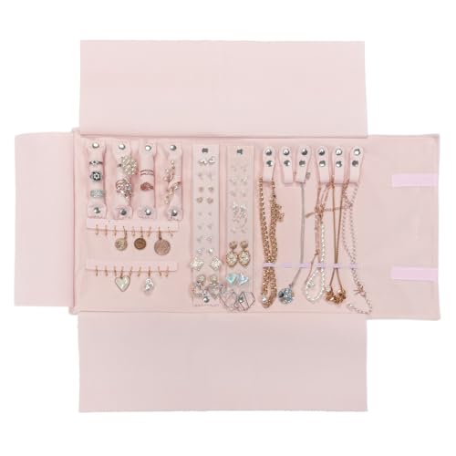 UnionPlus Velvet Travel Jewelry Case Roll Bag for Necklaces Brackets, Great Jewelry Organizer for Travel, Multi Jewelry Organizer, Pink - color: Pink Multi, size: Medium