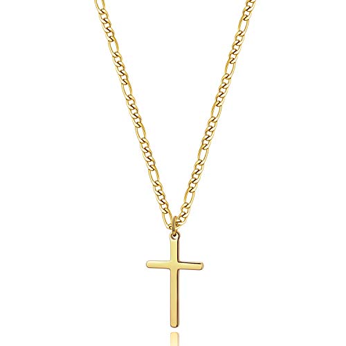 Joxevyia 14K Gold Filled Cross Necklace for Men Figaro Chain Stainless Steel Polished Cross Pendant Necklace Simple Baptism Faith Jewelry Gift - size: 20 inches, style: Big cross pendant(1.2"*0.7")