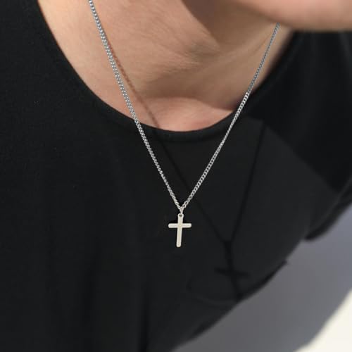 Joxevyia Cross Necklace for 14K Gold Filled Stainless Steel Small Cross Pendant with Cuban Chain Necklace Simple Faith Jewelry Christmas Gift for Men Women 16-24 Inches - size: 16 inches, style: silver cross necklace 0.8"*0.4"