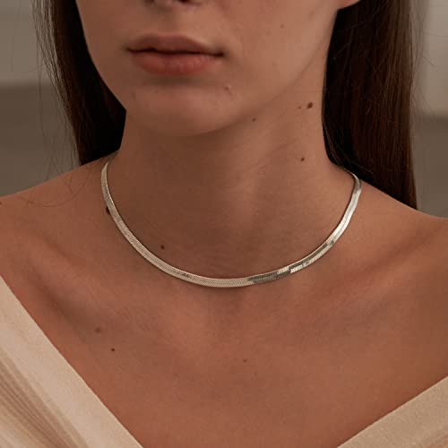 CHESKY Gold Necklace for Women-14K Plated/S925 sterling silver Snake Chain Necklace Dainty Simple Chunky Herringbone Necklace Gold Choker Necklaces Jewelry for Women Mothers Day Gifts for Mom - color: silver, style: 5mm 14 inch snake