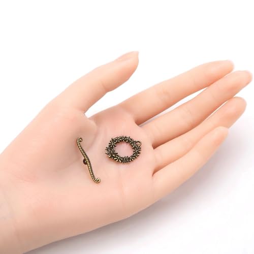 Adabele 20 Sets Flower Toggle Clasp 20.3mm (0.8 Inch) Large T-Bar Closure Tarnish Resistant Antique Bronze for Necklace Bracelet Craft Jewelry Making MC-AF53 - size: 20.3mm Floral Toggle