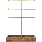 MyGift Handmade 3-Tier Brass Metal Jewelry Tree Organizer Stand and Ring Tray with Solid Acacia Wood Base, T Bar Necklace and Bracelet Display Rack, Handcrafted in India