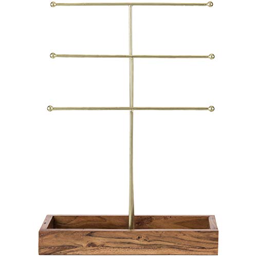 MyGift Handmade 3-Tier Brass Metal Jewelry Tree Organizer Stand and Ring Tray with Solid Acacia Wood Base, T Bar Necklace and Bracelet Display Rack, Handcrafted in India