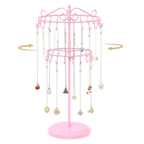 MODOWEY Rotating Necklace Holder Organizer Display Stand with 42 Hooks, 2 Tier Adjustable Metal Tree for Long Necklace Hanger Selling, Tall Spinning Bracelet Storage Rack for Men Women, Pink - color: Pink, size: 2 Tier