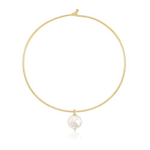 Aobei Pearl 18K Gold Plated Cuff Choker Necklace for Women Chunky Wire Chain Collar Jewelry - style: Round Wire Coin Pearl