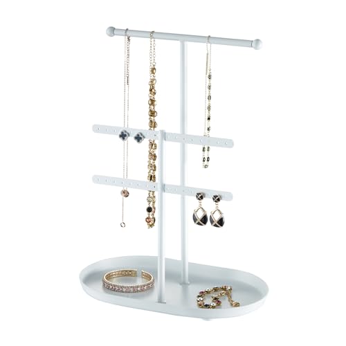 Saydear Elegant Jewelry holder Organizer 2-Tier Display Storage Stand for Earrings Necklaces with Ring Tray Spacious and Durable, Easy to Assemble White - color: White