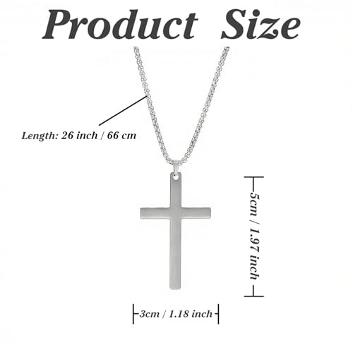 Cross Necklace for Men Silver Premium Alloy Solid Color Cross Pendant Necklace for Men Women Teens - color: Silver-Stainless Steel-26inch