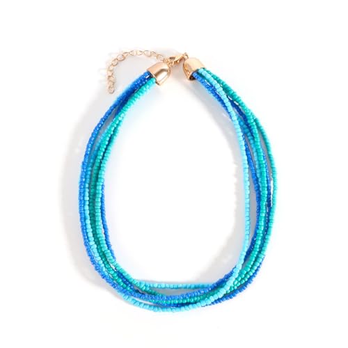 Multilayer Seed Beaded Necklaces for Women Bohemian Bead Choker Necklace Statement Layered Bead Necklaces Summer Jewelry Gift - color: Blue