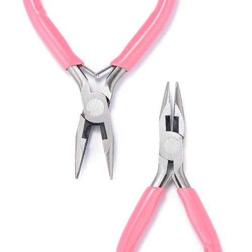 1Pc 45# Carbon Steel Chain Nose Jewelry Plier Wire Cutter Polishing Plier with Pink Handle for DIY Jewelry Craft Making Repair 11.5x9x0.9cm