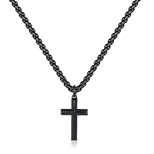 REVEMCN Black Gold Silver Cross Necklace for Boys Stainless Steel Mens Cross Pendant Chain Necklace for Men Women Religious Jewelry Gifts for Boys Girls Chain 16-24 Inches - color: Black - 0.8'' × 0.5'' beveled cross pendant, size: 18 Inches