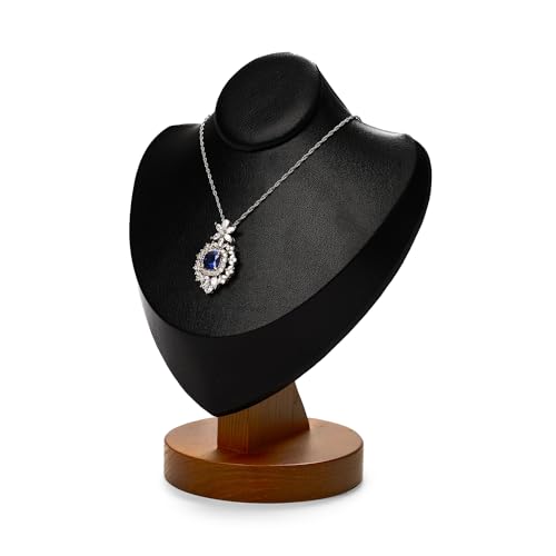 Solid Wood Jewelry Bust Necklace Display Black PU Leather Jewelry Necklace Display Stand for Show Selling - color: Black
