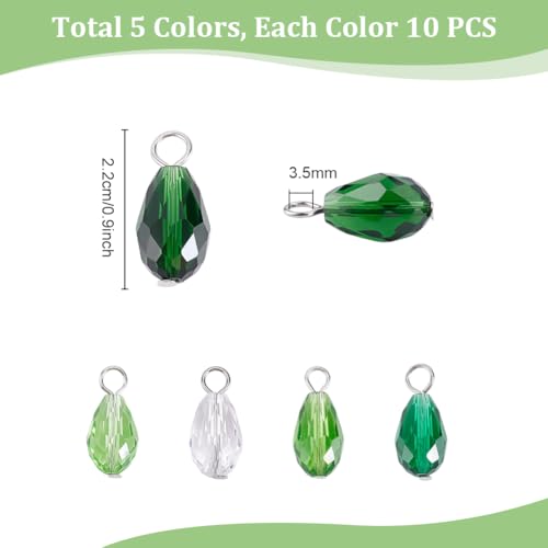 PH PandaHall 50pcs Faceted Teardrop Charms 5 Colors Transparent Glass Crystal Pendants 0.8" Green Series Glass Charms Dangle Pendants for Necklace Earring Bracelet Jewelry Craft Making