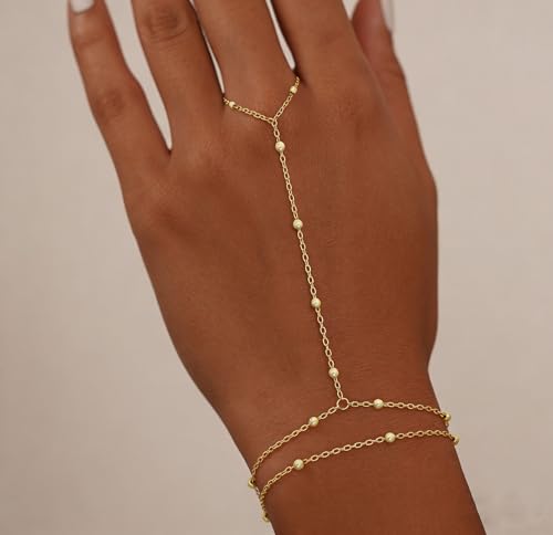 Gold Bracelets for Women Trendy, Dainty Gold Hand Chain Bracelet Stack 14k Gold Plated Finger Ring Bracelet Hand Chain Cz Layered Beaded Gold Bracelets for Women Non Tarnish Gold Jewelry Gift - style: beaded hand chain bracelet-gold