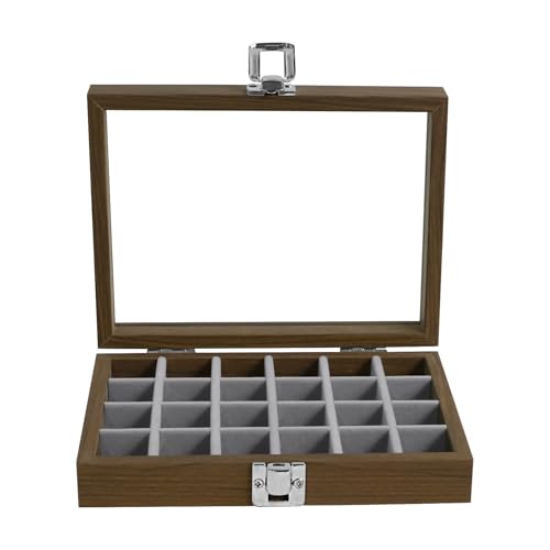 Wudygirl Small Jewelry Box Wooden Jewelry Organizer 24 Grid Ring Holder Earring Box with Lid Earring Holder Organizer for Women Jewelry Display Case Ring Storage for Drawer (Gray) - style: Wood Gray 24 Grid
