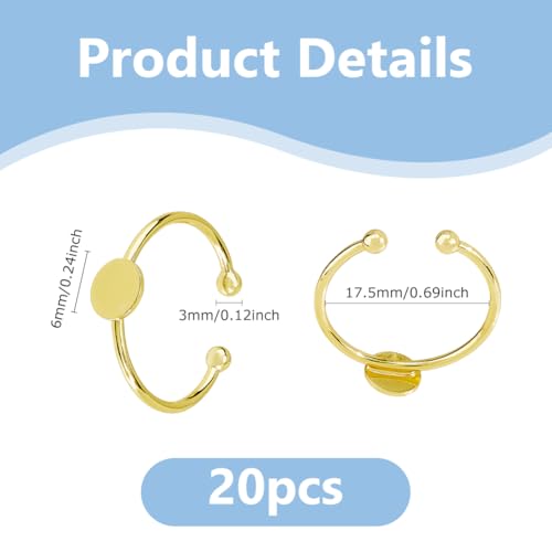DICOSMETIC 20Pcs Adjustable Blank Ring Golden Pad Ring Base Half Round Cabochon Ring Brass Bezel Trays Rings Open Cuff Ring Finger Ring Settings Component for DIY Rings Making - color: Golden