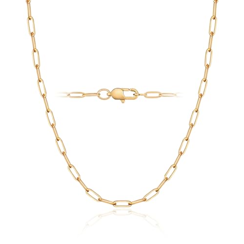 18K Gold Plated and 925 Sterling Silver Paperclip Chain Necklace for Women, 2.5mm Strong Women's Chain Necklace, Comfortable and Not Hypoallergenic Necklace for Women - color: Yellow Gold, size: 16 Inch (Women's Choker Length)