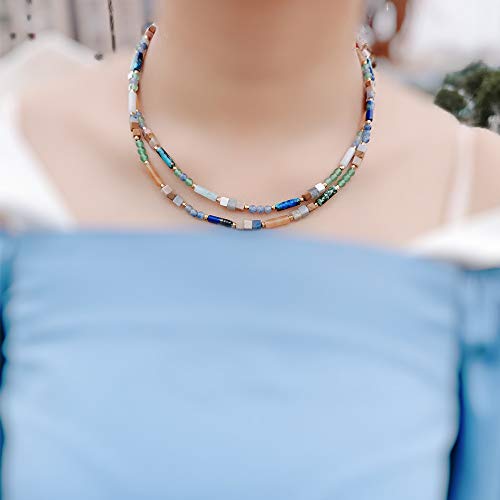 Plumiss Boho Handmade Natural Jasper Stone Beaded Crystal Mixed Strand Short Necklace for Women Girl - color: Mixed Natural Stone