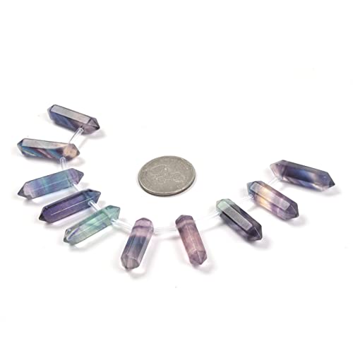 Rainbow Fluorite 32mm Natural Gemstone Hexagonal Wand Jewelry Making Crystal Pointed Chakra Reiki Healing Beads 2mm Hole Drilled(Pack of 10) - color: Rainbow Fluorite
